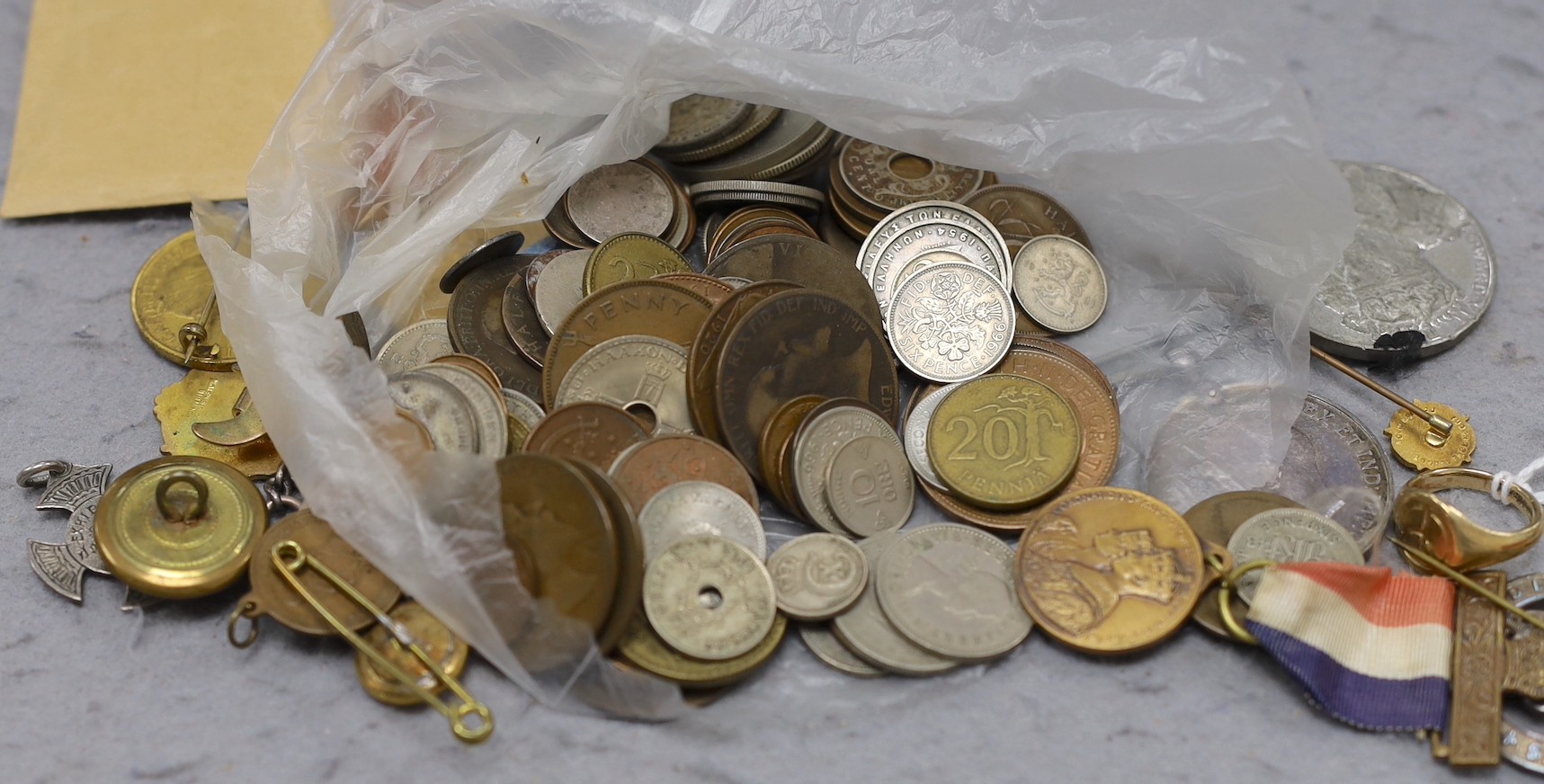 A Great War group of two medals, sundry medallions and coins and a 9ct gold signet ring.